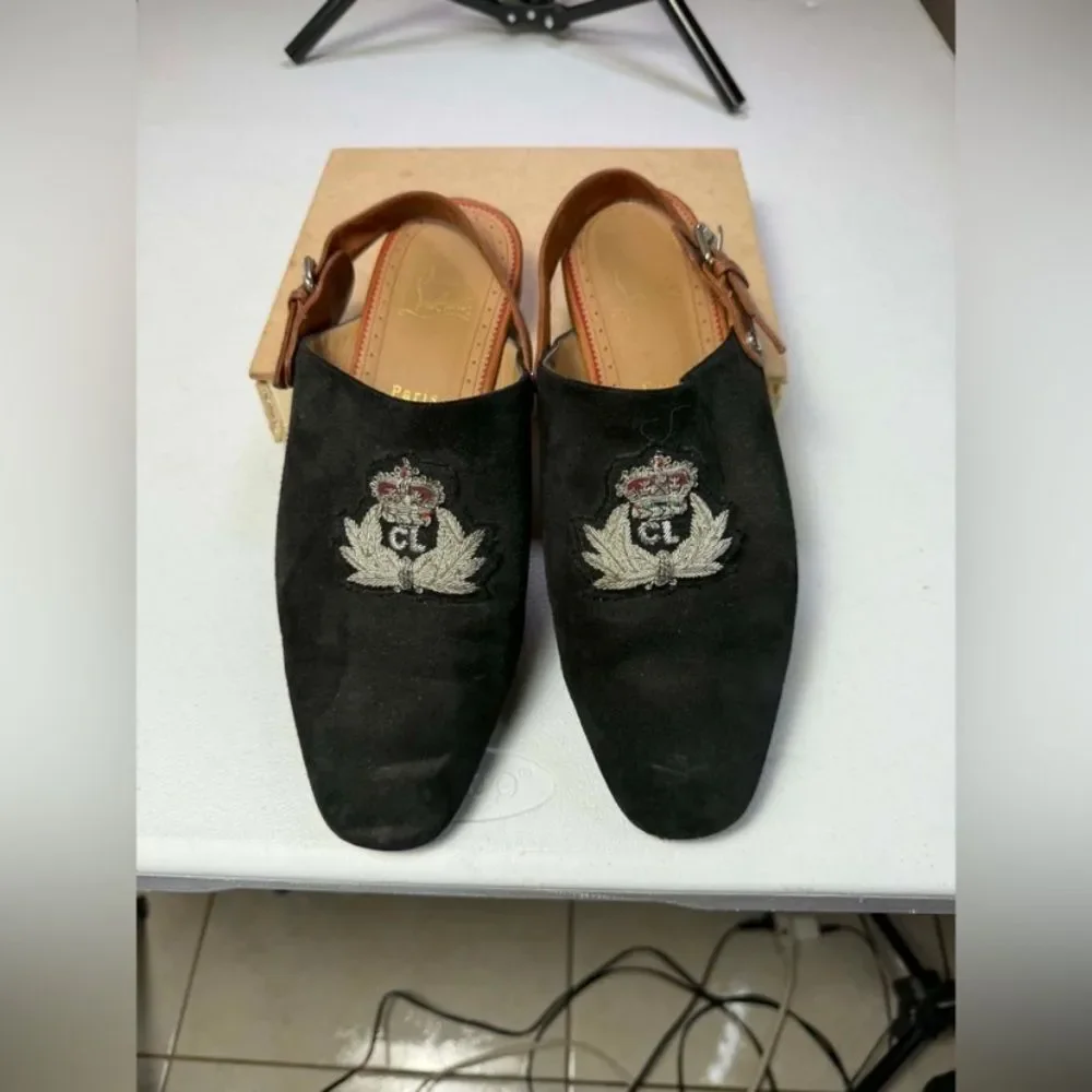 Christian Louboutin Black Suede, Leather Mule Slingback Flats Sandals 41 / 8